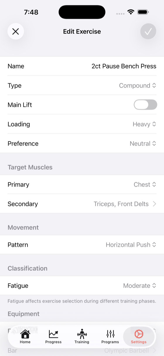 Exercise form showing name, equipment type, muscles, and movement pattern