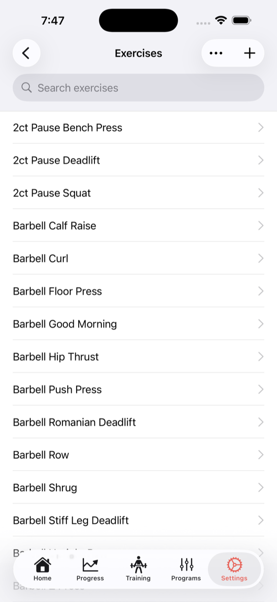 Exercise library showing a searchable list of exercises