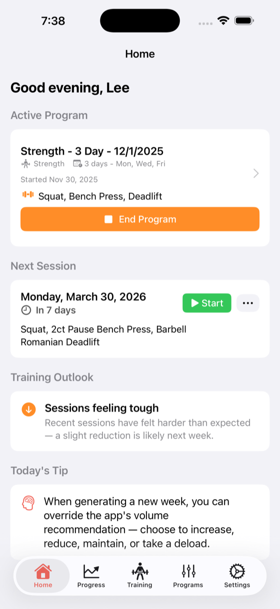 Main tab bar showing Home, Training, Progress, and Settings tabs
