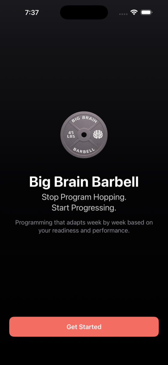 Welcome screen introducing Big Brain Barbell