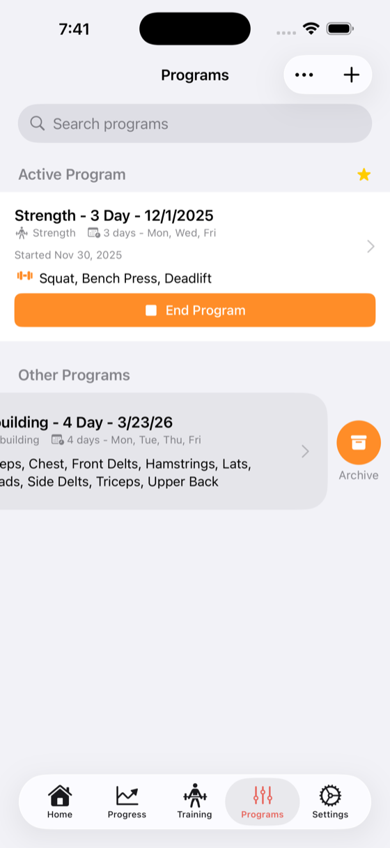Program management screen with archive option