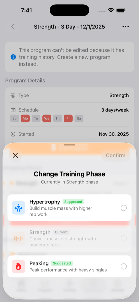 manual phase change sheet showing available phases