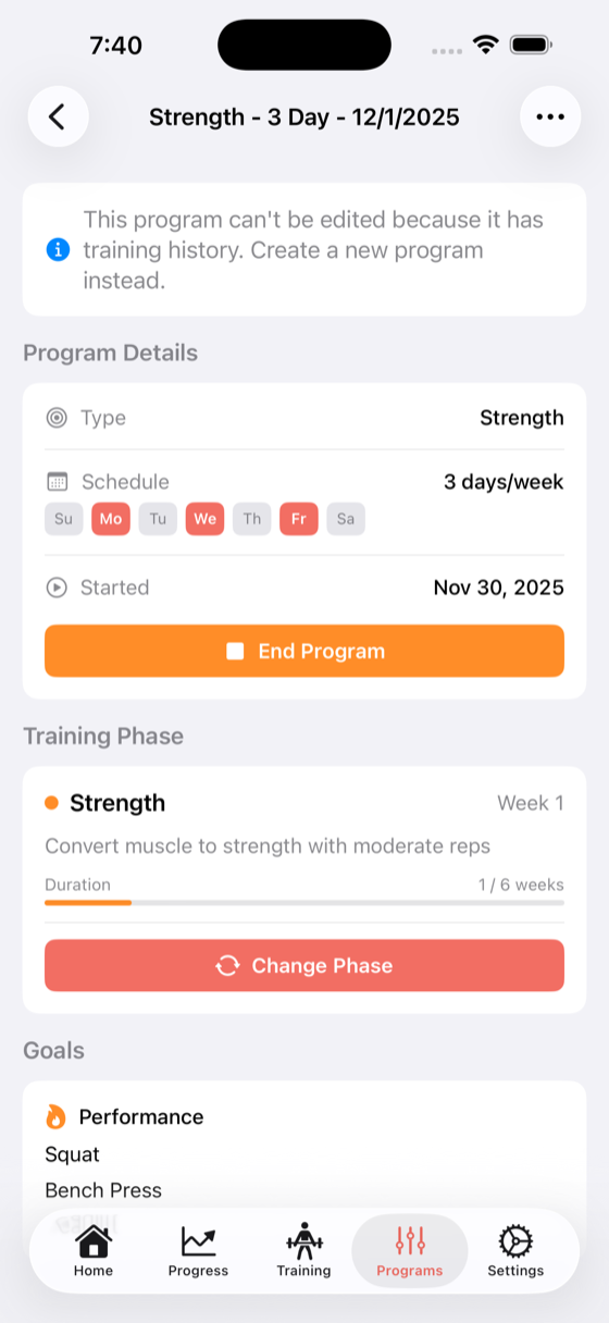 Program overview screen showing program details, current phase, and goals