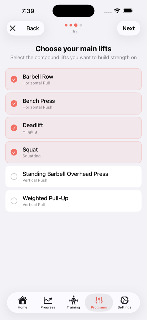 Goal selection screen showing available movement patterns or muscle groups