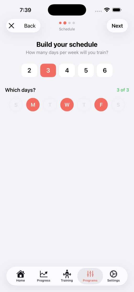 Training days selection screen with day count options