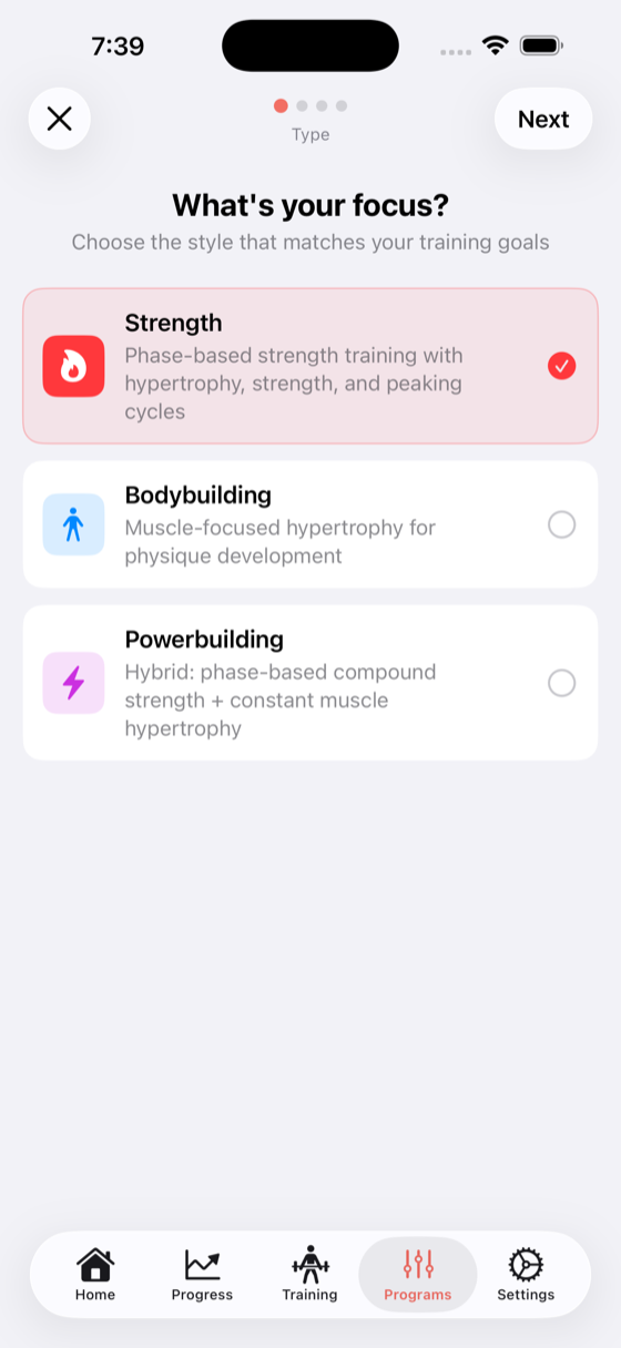 Program type selection screen showing Strength, Bodybuilding, and Powerbuilding options