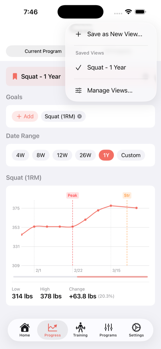 Saved views popover showing bookmarked exercises with current E1RM values