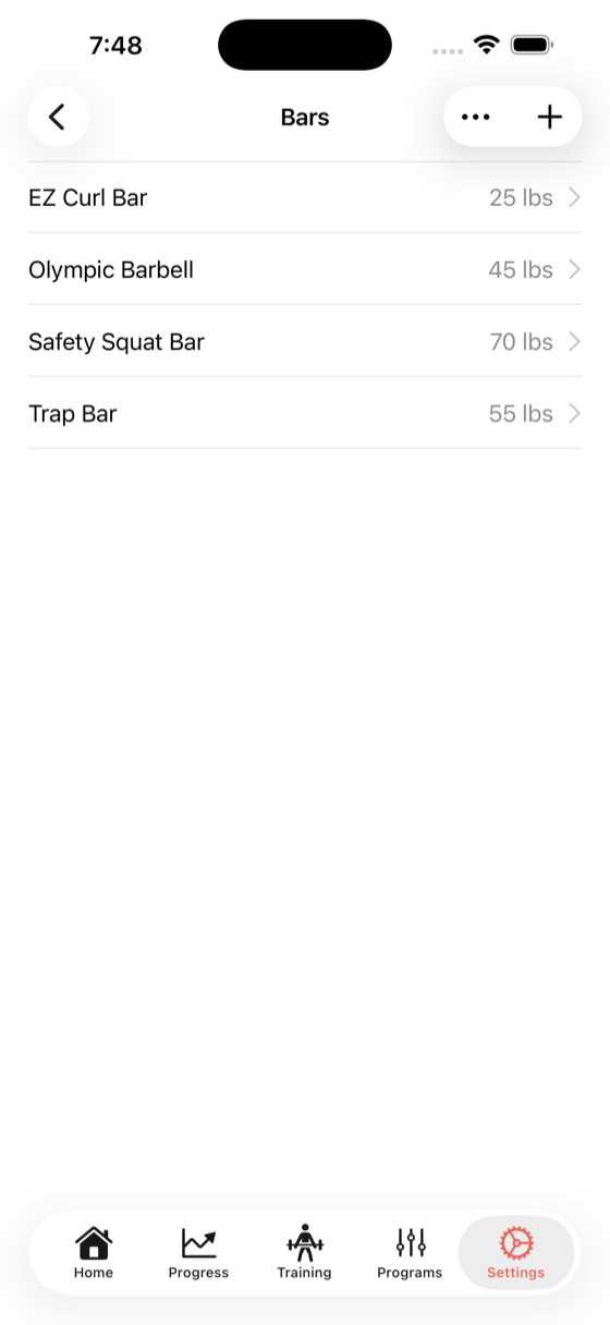 bars settings showing configured barbells with names and weights