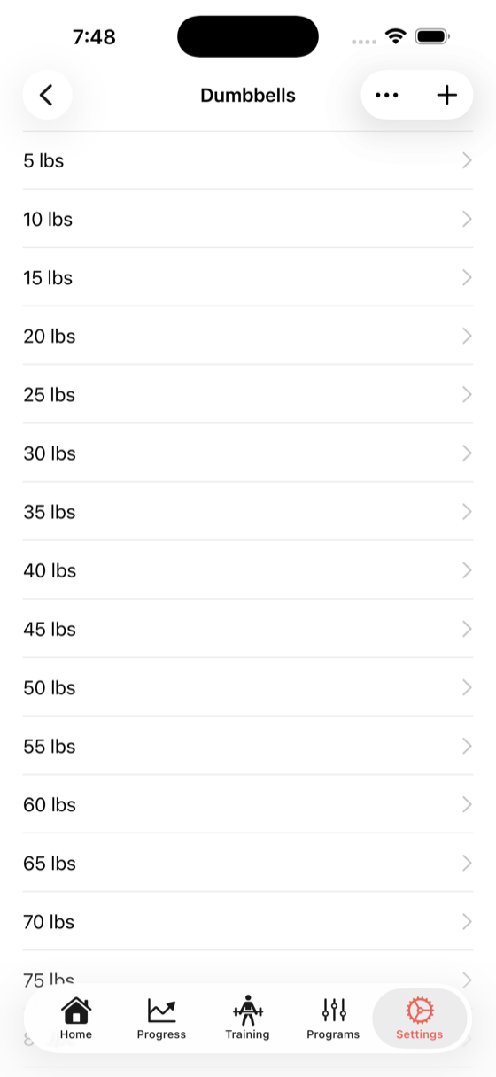 dumbbells settings showing available dumbbell weights