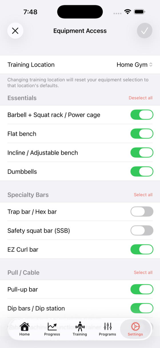 equipment configuration screen