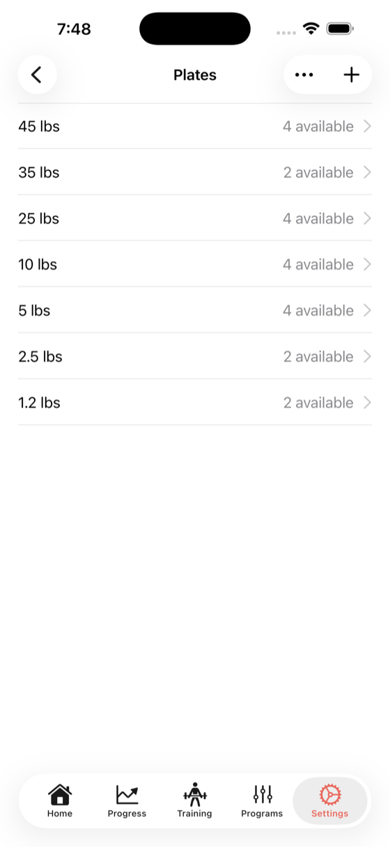 plates settings showing plate inventory with sizes and quantities