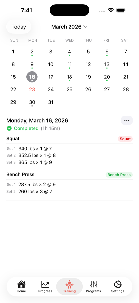calendar view with sessions showing different status indicators