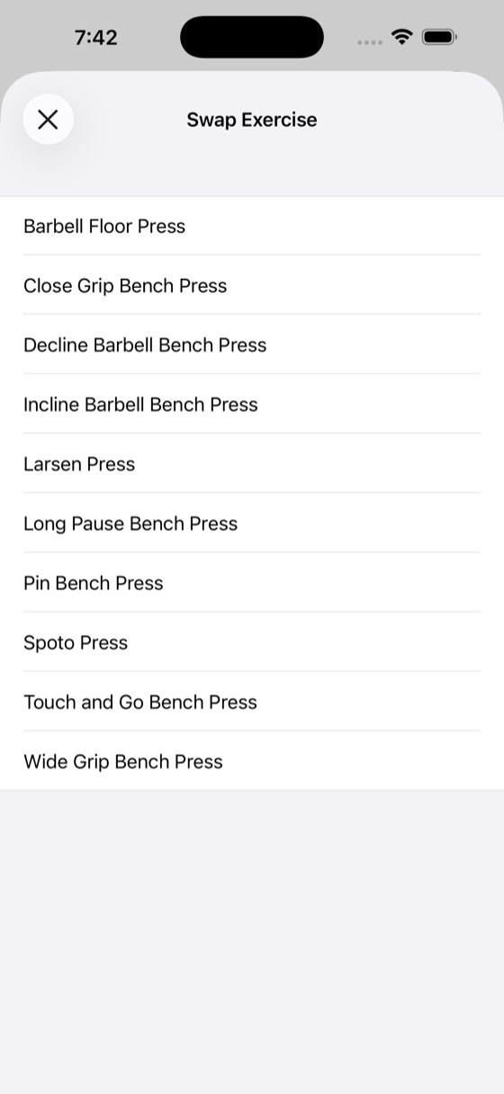 exercise swap sheet showing alternative exercises for the same goal