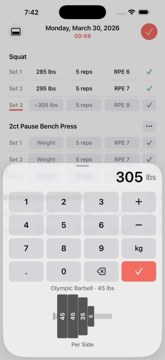 weight entry keyboard showing plate calculator diagram with plates to load on each side