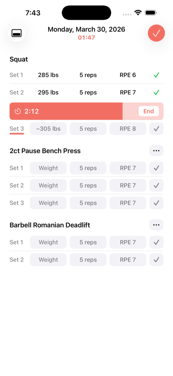 inline rest timer countdown on the session screen