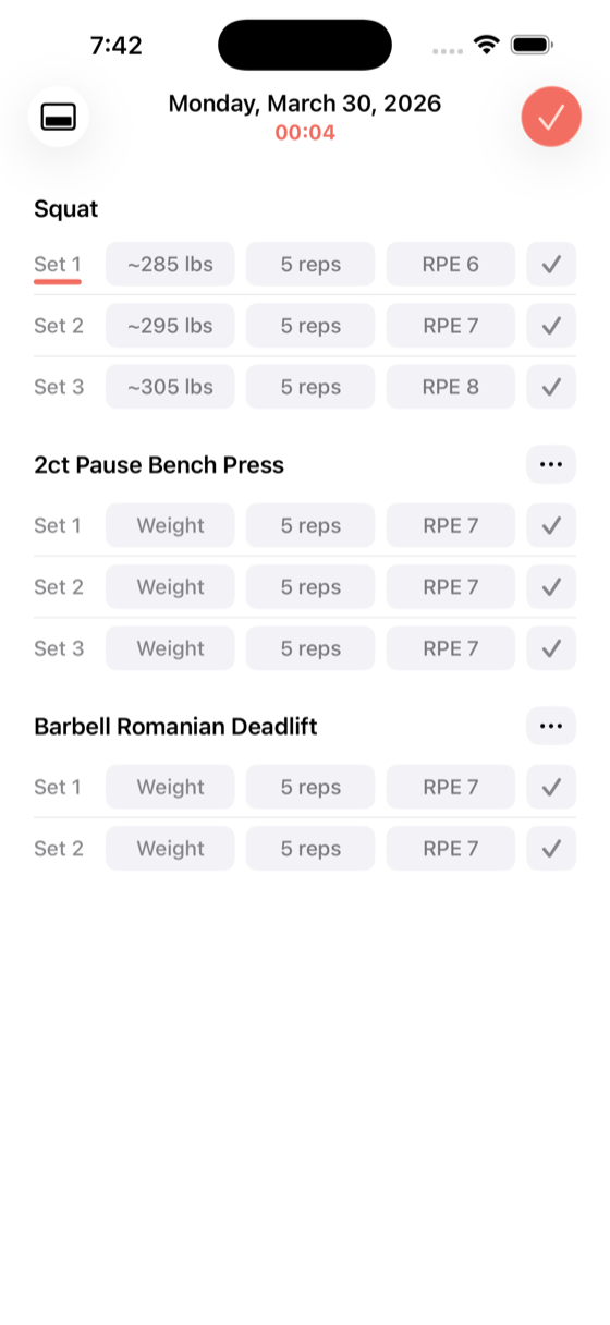 set logging interface showing weight, reps, and RPE inputs with prescribed targets