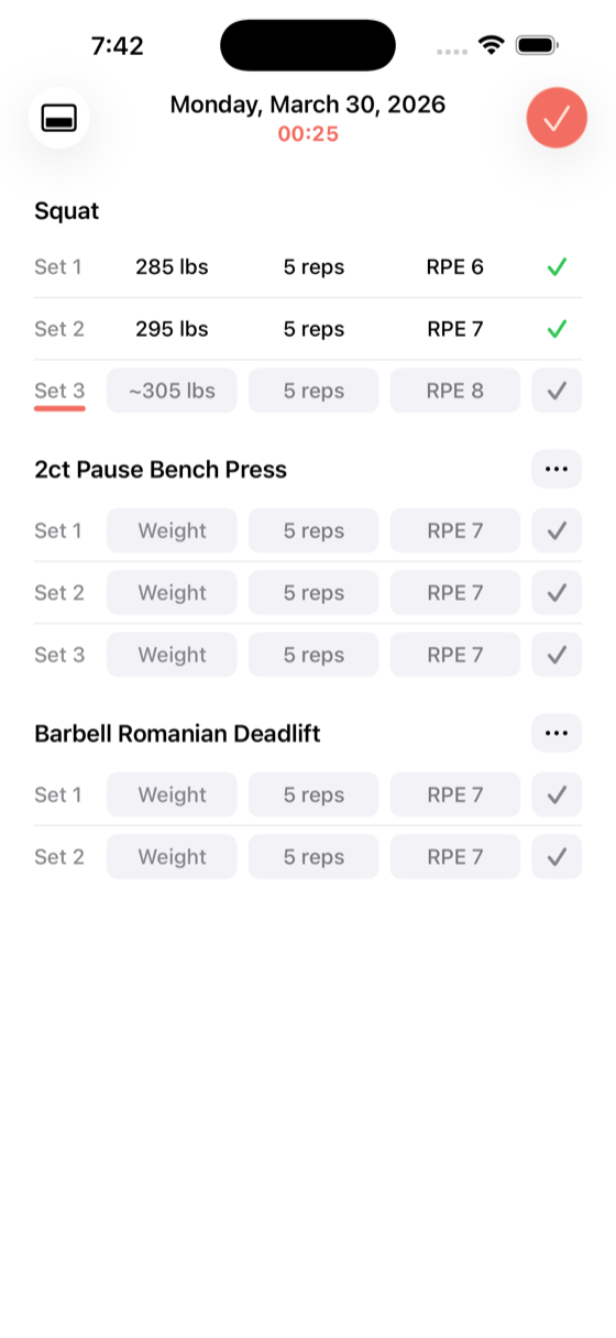 exercise with multiple sets showing a mix of completed and remaining sets