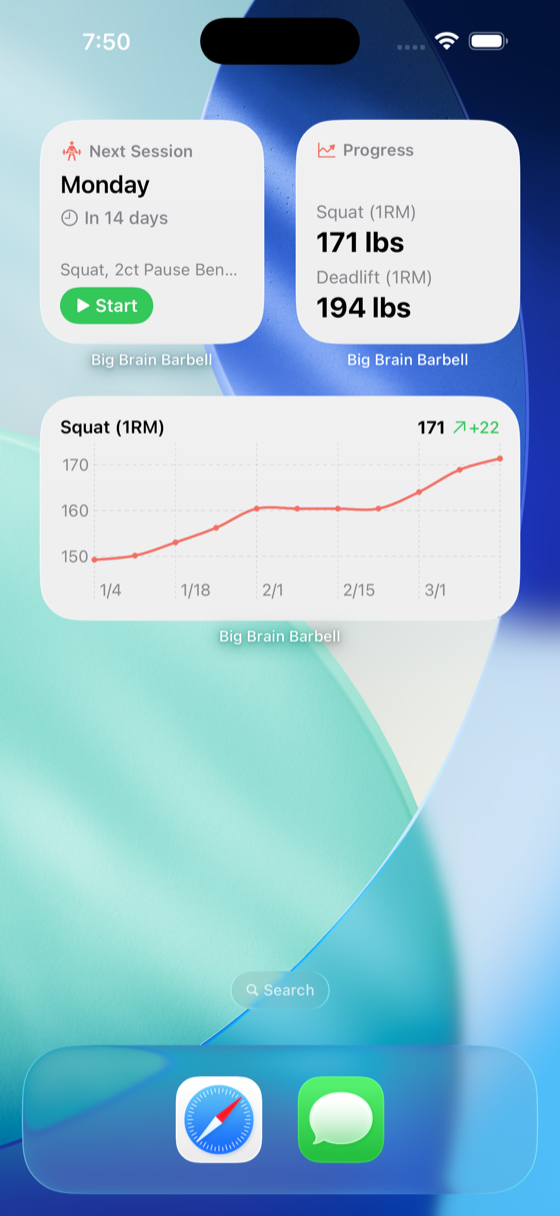 Big Brain Barbell widget on the iOS home screen