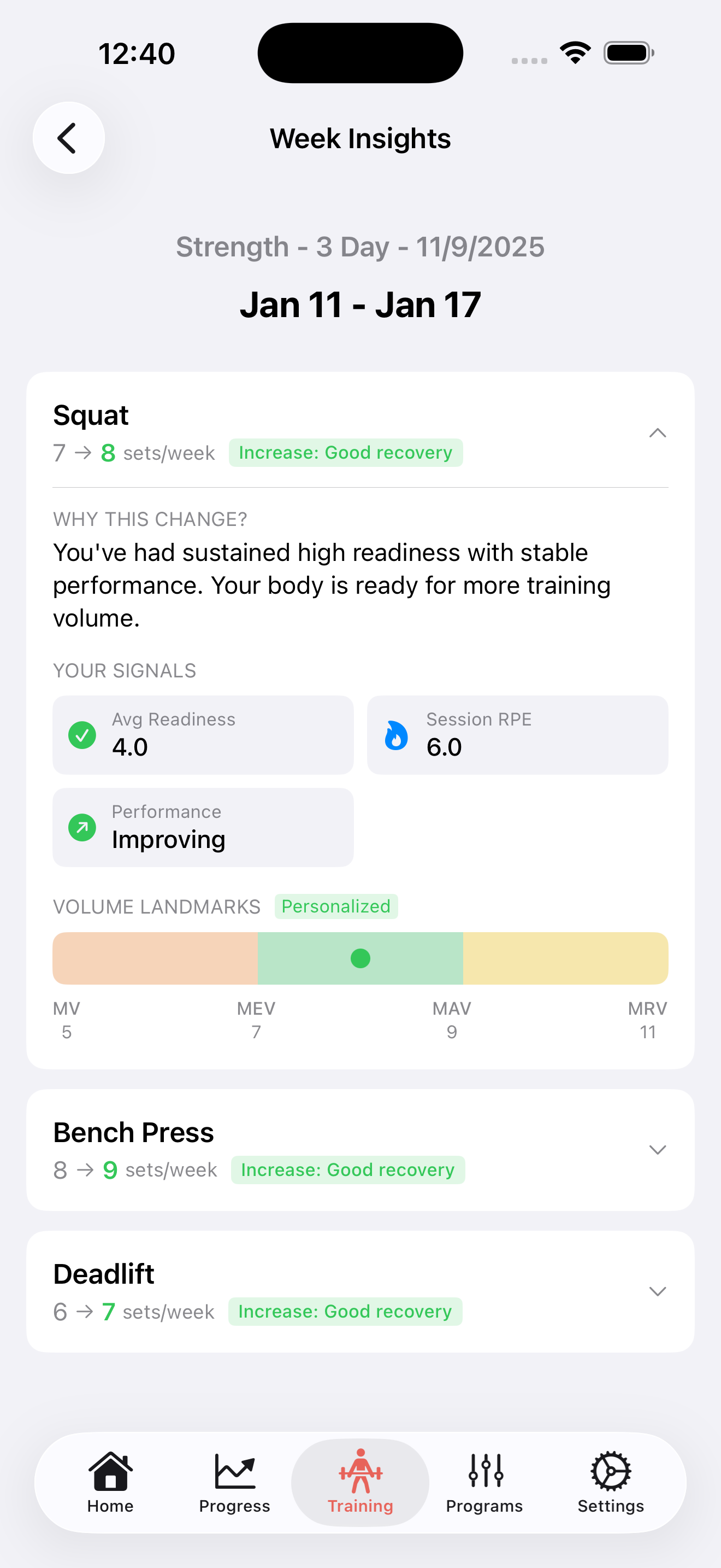 Adaptation decision summary showing weekly volume changes