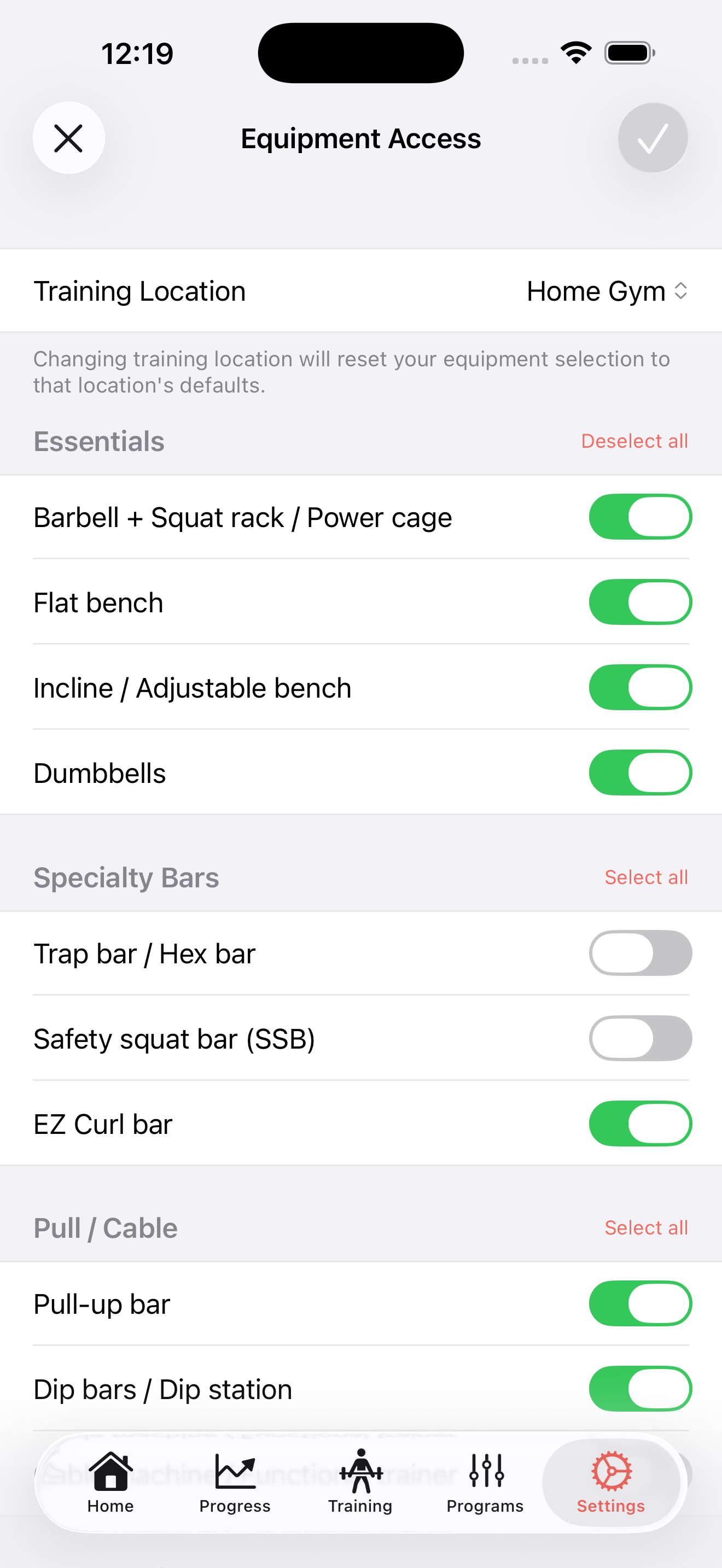 Equipment configuration screen with available gear selection